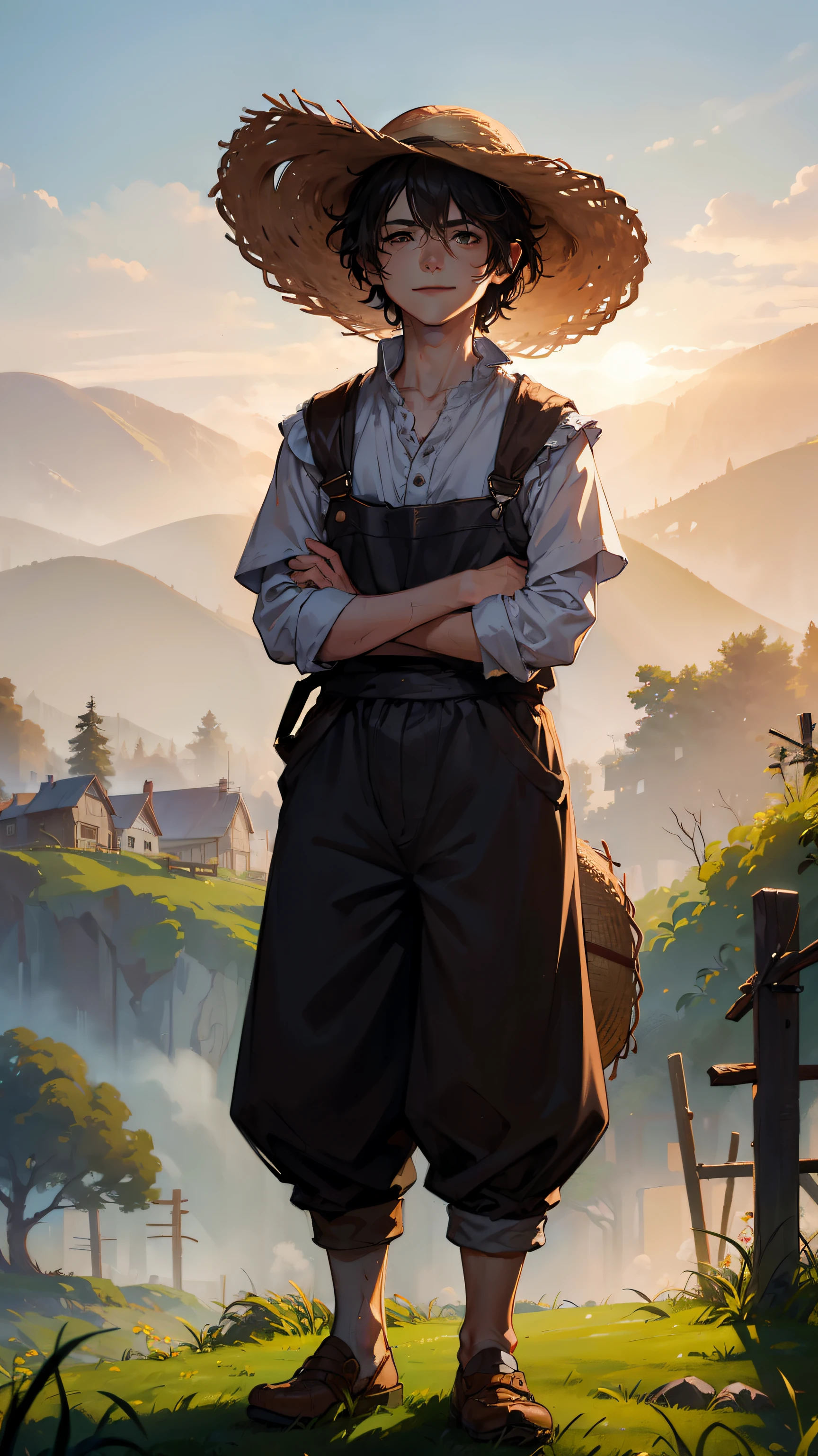 (((((Boy))))), masutepiece, ultra-detailliert, 8K Portrait, Raw photo, Portrait photo of a man, Full body, Highly detailed face, ((Fantasy)), (((The Hobbitt))), ((年轻)), Smile, 25-years old, 120cm, (((farmer))), ((White skin)), brown short wavy hair, (((Overall))), Overalls, (((a straw fedora hat))), (((have a store))), arms folded, Midday Sun, Hyper realistic, Slender body, By the foggy farm, Ambient lighting, Shadow details, Camera focus on face, strong breeze, Light fog