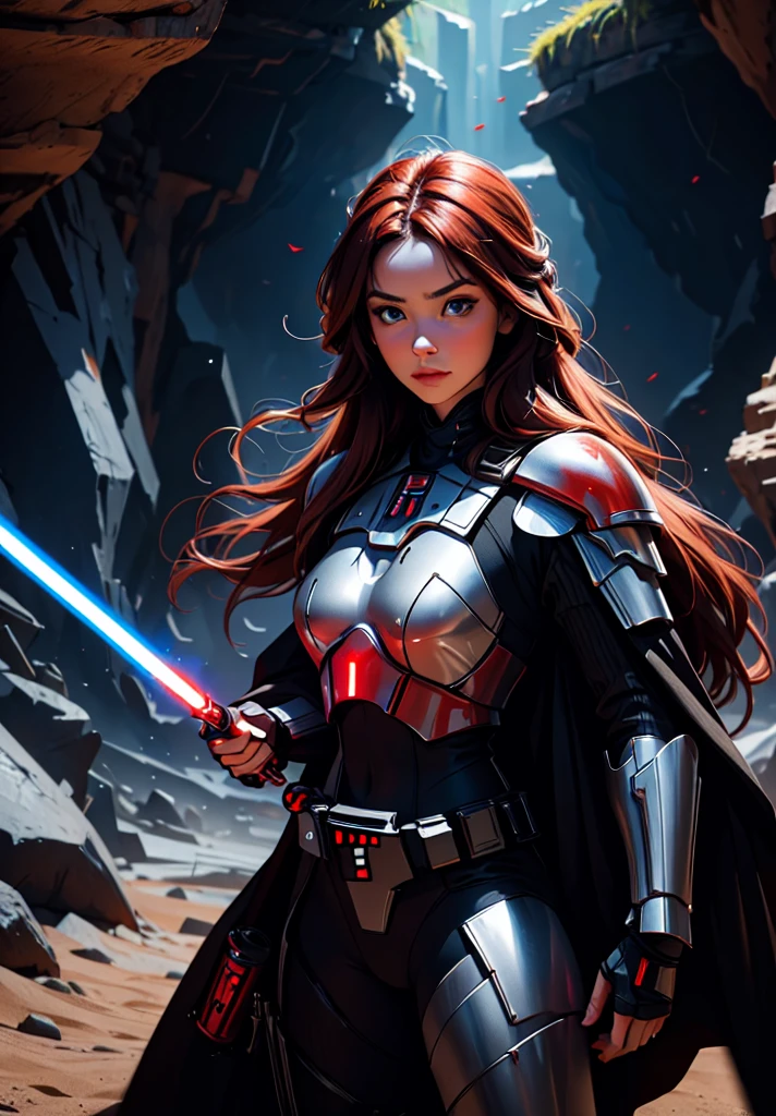 Red Darth Vader armor, Upper body close-up image.A beautiful woman with a lightsaber stands in a spacious cave. Dark red hair. long hair. battle uniform. 8K image quality. masterpiece.