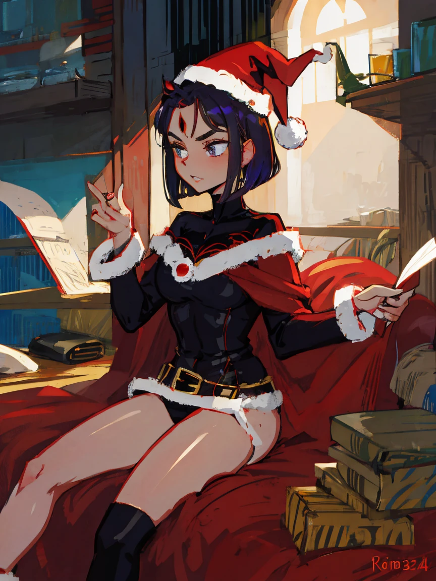 Raven, santa outfit, red jewel on forehead, santa hat, detailed, realistic body, style of incase