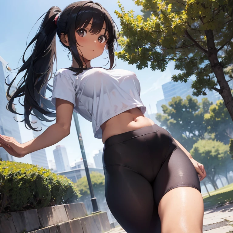 masterpiece, top quality, highly deteiled, voluptous girl 1 person, adult, tomboy, brownish skin, brown skin, black hair, hair ponytail with white, tight t-shirt, yoga pants , age: 22, view from front, pretty face, large breasts, nipples, large hips, large thighs, in a park, view from below