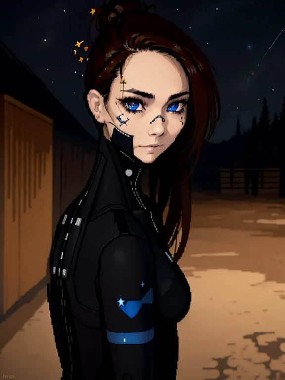 (masterpiece:1.2), high res, extreme detail, 1girl, (Signalis), a girl in a black bodysuit standing in a dark hallway, (cowboy shot:1.3), starry night, dynamic pose, black bodysuit, (face augments, ear augments:1.3), brown hair in bun, detailed robotic blue eyes, (solo:1.ixilated:1.3), anime, legs, voluptuous, from the front