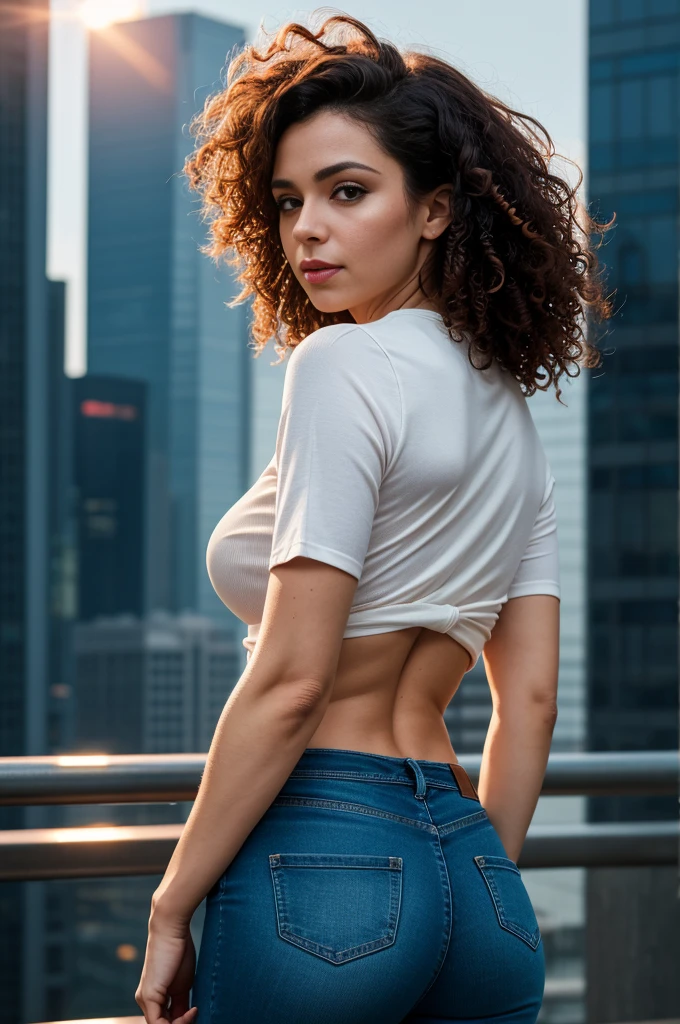 Beautiful 40 year old woman from behind with curly hair, attractive eyes, firm breasts, small waist detailed, thick and sexy legs, wearing tight jeans and a small tight blouse in a beautiful futuristic cyberpunk city, foggy, humid, masterpiece of the best quality, realistic, detailed photo. 8k, HDR, shallow depth field, wide light, high contrast. Backlight, light flare, chromatic aberration, sharp focus, RAW color photography, all very detailed.