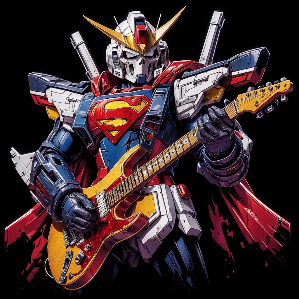 picture gundam wearing superman clothes and shoes,playing guitar,armor baphomet,skull,blood,with amply,full colors,background black