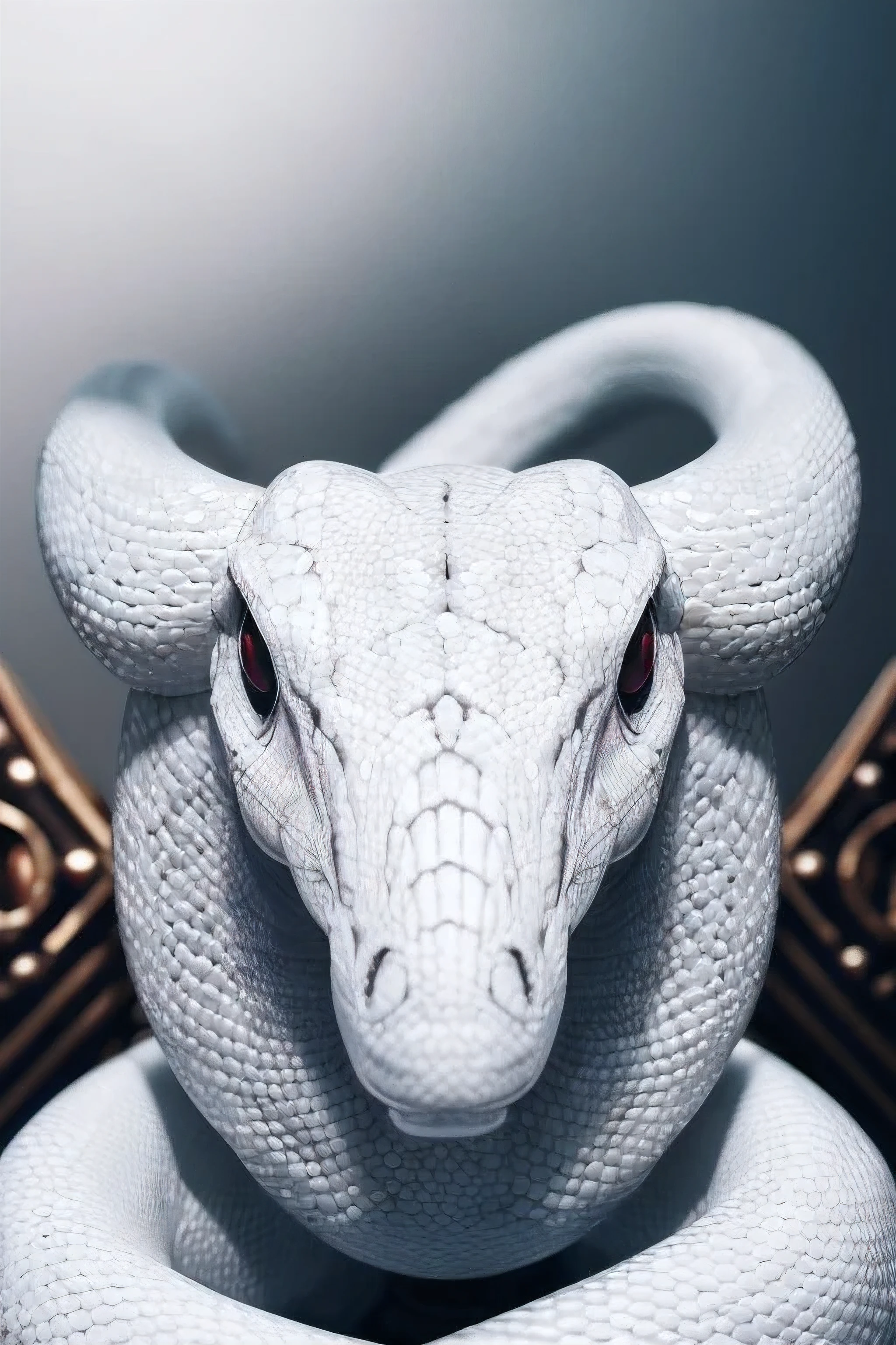 masutepiece, Best Quality, 8K, 4K, A White Snake, Black eyes, temple, Front view, Front face, head shot, One head, glowing aura