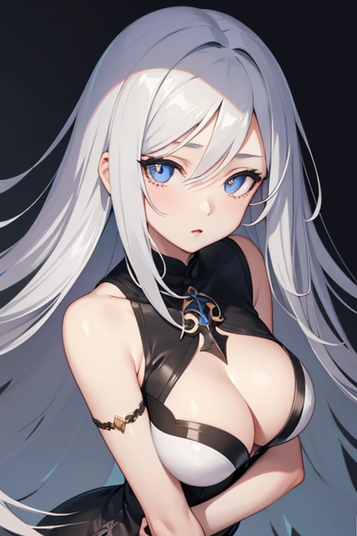 1girl, anime, cute girl, blank background, white background, fantasy, detailed dark fantasy dress with highlights, beautiful face, beautiful eyes, dark colors, silver hair, slightly small breasts, slight cleavage, beautiful skin, cute, breast curtains, extremely delicate and beautiful, (beautiful detailed face:1.0), (detailed deep eyes), symmetrical breasts, deep eyes, shiny skin, portrait, slender waist, hips wider than shoulders, thighs, young girl, expressionless