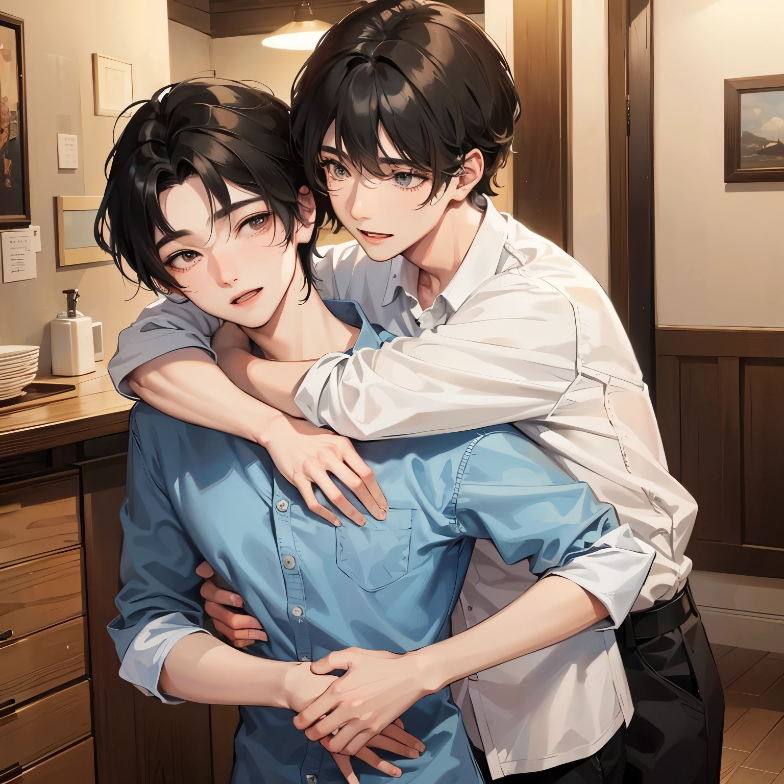 two men with different heights、men and  men、Black-haired man、Happy expression on face、Lovers、cute boy and handsome boy、Boys Love、Back hug、Casual clothing、Flirting couple、Hugging the waist