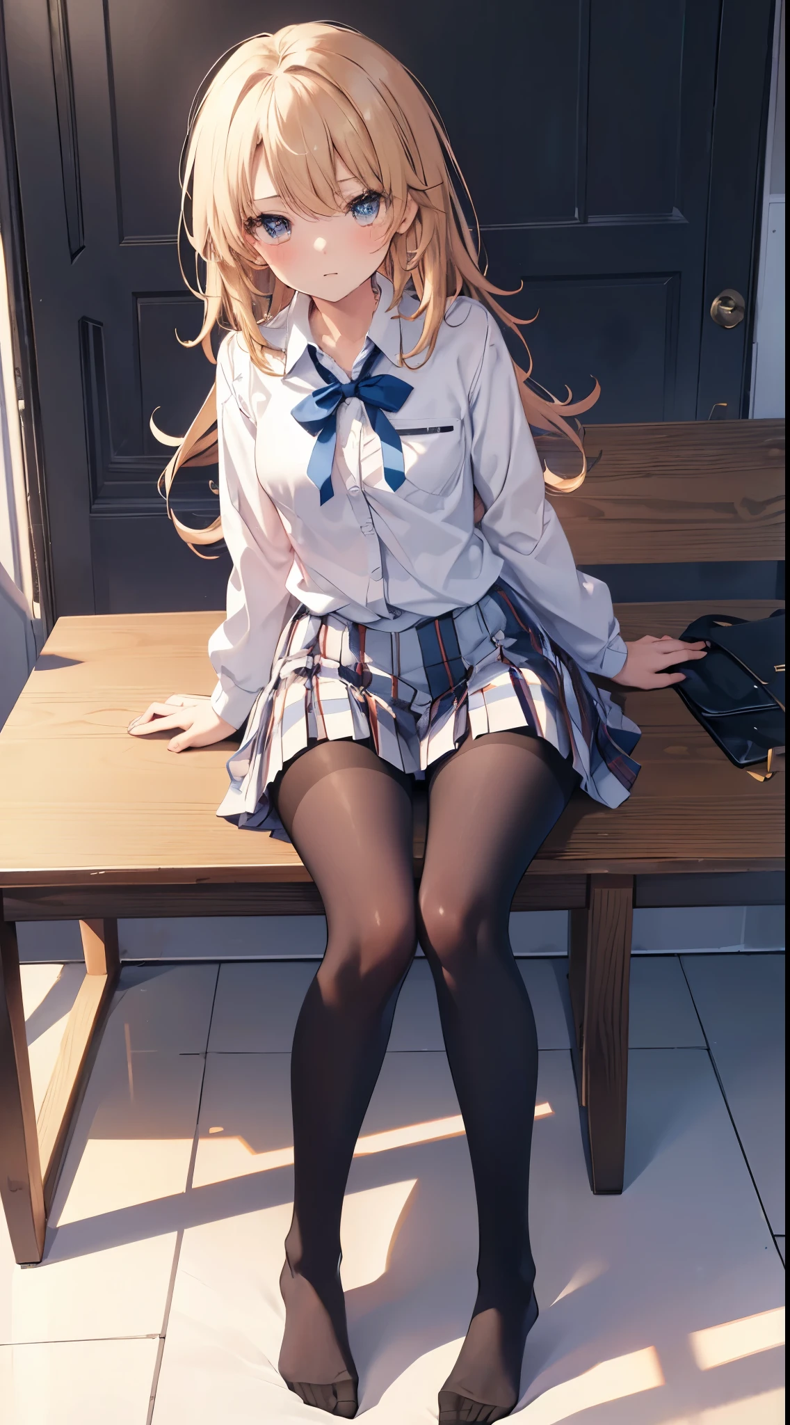 Finest, masterpiece, high definition, (full body), frontal, symmetrical, mature high school girl, solo, (full body from head to toe), small breasts, long hair, slightly messy hair, (black tights), ( (black pantyhose), black pantyhose, (composition where she is made to sit and lift her legs and make her legs open), (bound arms, arms behind back), composition showing white panties, slender beautiful legs, a very beautiful 17-year-old girl (not wearing shoes) legs), blushing, shy big eyes, messy hair, looking at camera, showing white panties, white frilly lingerie, high school uniform blazer, high school uniform White blouse, high school uniform with blue ribbon, high school uniform with short plaid pattern and navy pleated skirt