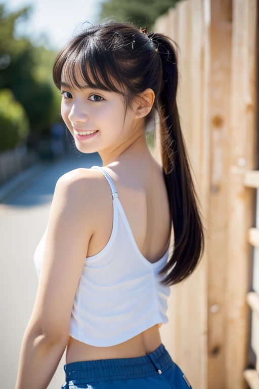 (((masterpiece))), (One beautiful Japan girl, classmates, landscape and innocence,kawaii) ,超A high resolution, Realistic, ultra-detailliert, 8K,top-quality, Extremely detailed, Detailed background,A slender,very beautiful japanese girl, Detailed face:1.3), (Short ponytail,A dark-haired :1.4), (a ,kawaii系,adorable 14 year oPerfect body:1.1), (white sports tank top,wearing dark blue shorts), Shy smile,Please show me your beautiful teeth,Super Detailed Face、Detailed lips、A detailed eye、small gravure idol,Transparent skin、Lori,in the large schoolyard,((full body Esbian)),Focus on the buttocks,beautiful thigh,Poses with movement,I can see a glimpse of my bellybutton