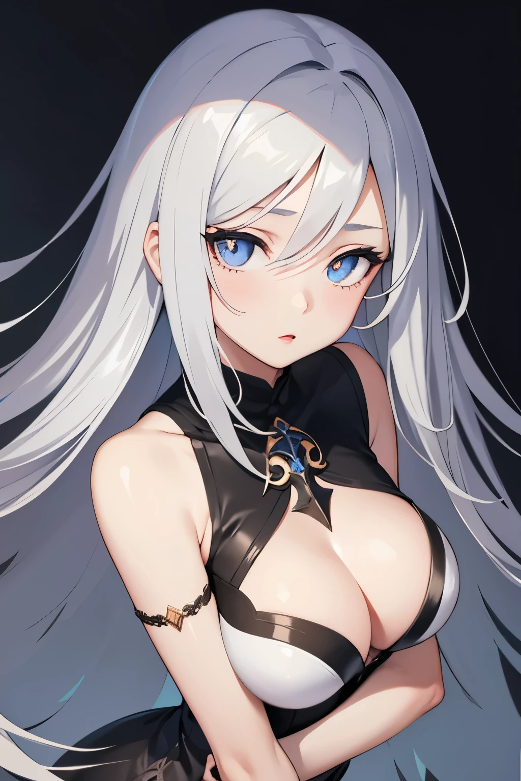 1girl, anime, cute girl, blank background, white background, fantasy, detailed dark fantasy dress with highlights, beautiful face, beautiful eyes, dark colors, silver hair, slightly small breasts, slight cleavage, beautiful skin, cute, breast curtains, extremely delicate and beautiful, (beautiful detailed face:1.0), (detailed deep eyes), symmetrical breasts, deep eyes, shiny skin, portrait, slender waist, hips wider than shoulders, thighs, young girl, expressionless