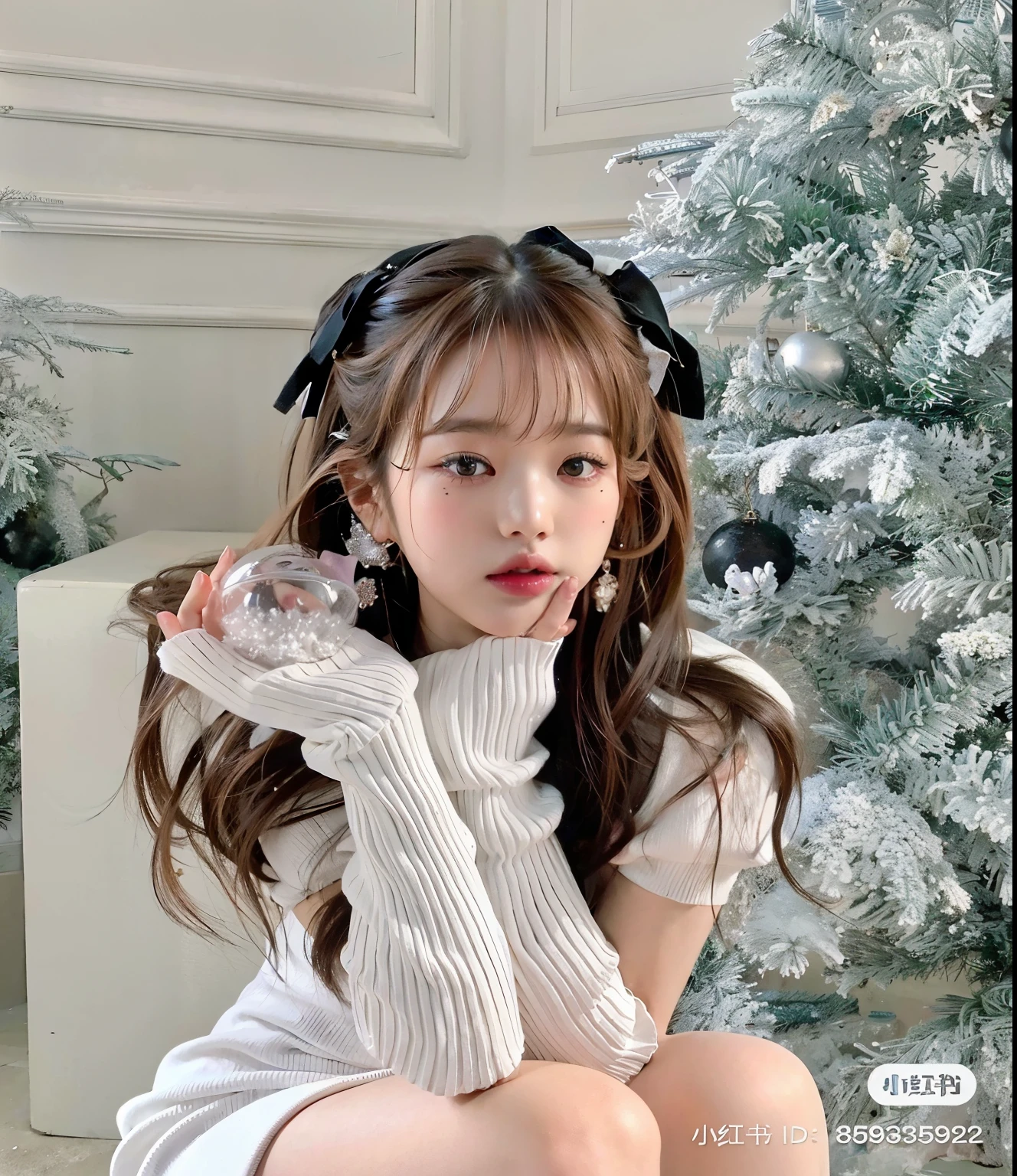 a closeup of a person sitting in front of a christmas tree, Lalisa Manobal, ulzzang, colas gemelas blancas_Guantes, Lalisa Manoban de Blackpink, neat hair con flequillo, long hair con flequillo, con flequillo, long hair con flequillo completo, Peinado blanco de corte hime, con flequillo completo, Sakimichan, Hermosa Delphine