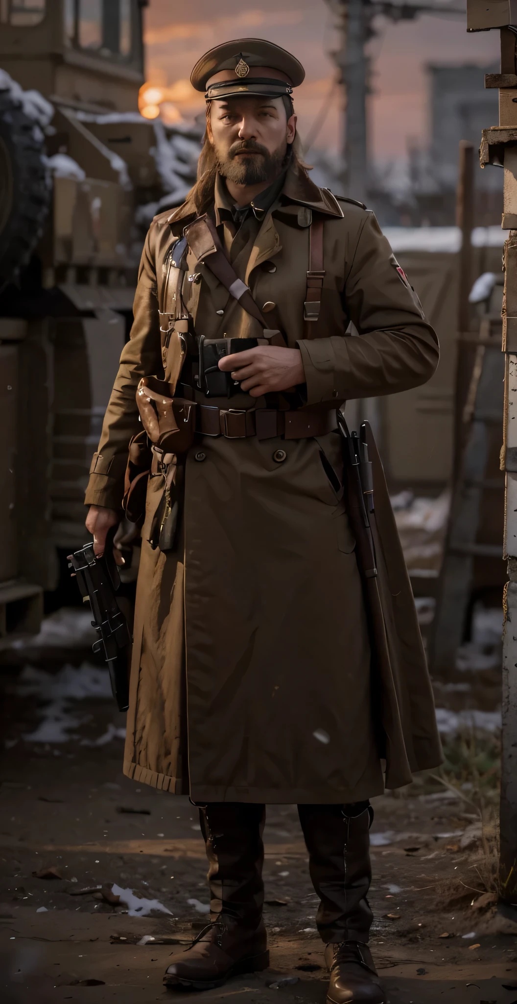 Soldado masculino, adult features russian features, pelo muy corto, Captain's cap, Dark brown Soviet style cloth military coat with white details, Harnesses and belts with ammunition, Fundas, lleva un rifle de una sola pistola, she is in the siberian steppe, nieve, cielo rojo, 4k, Ultra detallado image, realista, Altamente detallado, perfect composition, splendid, Intrincadamente detallado, Incredibly detailed, 8 k artistic photography, hiper detallado, Obra maestra, Ultra detallado, hyperrealista, 4k, Ultra detallado image, realista, Altamente detallado, perfect composition, splendid, Intrincadamente detallado, Incredibly detailed, 8K fine art photography, hiper detallado, Obra maestra
