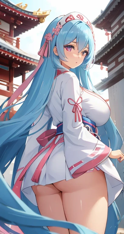 girl, long hair, light blue hair, pink eyes, vibrant colors, female, tall, masterpiece, sharp focus, best quality, depth of field, cinematic lighting, big breasts, big thighs, big butt, Hanfu, temple