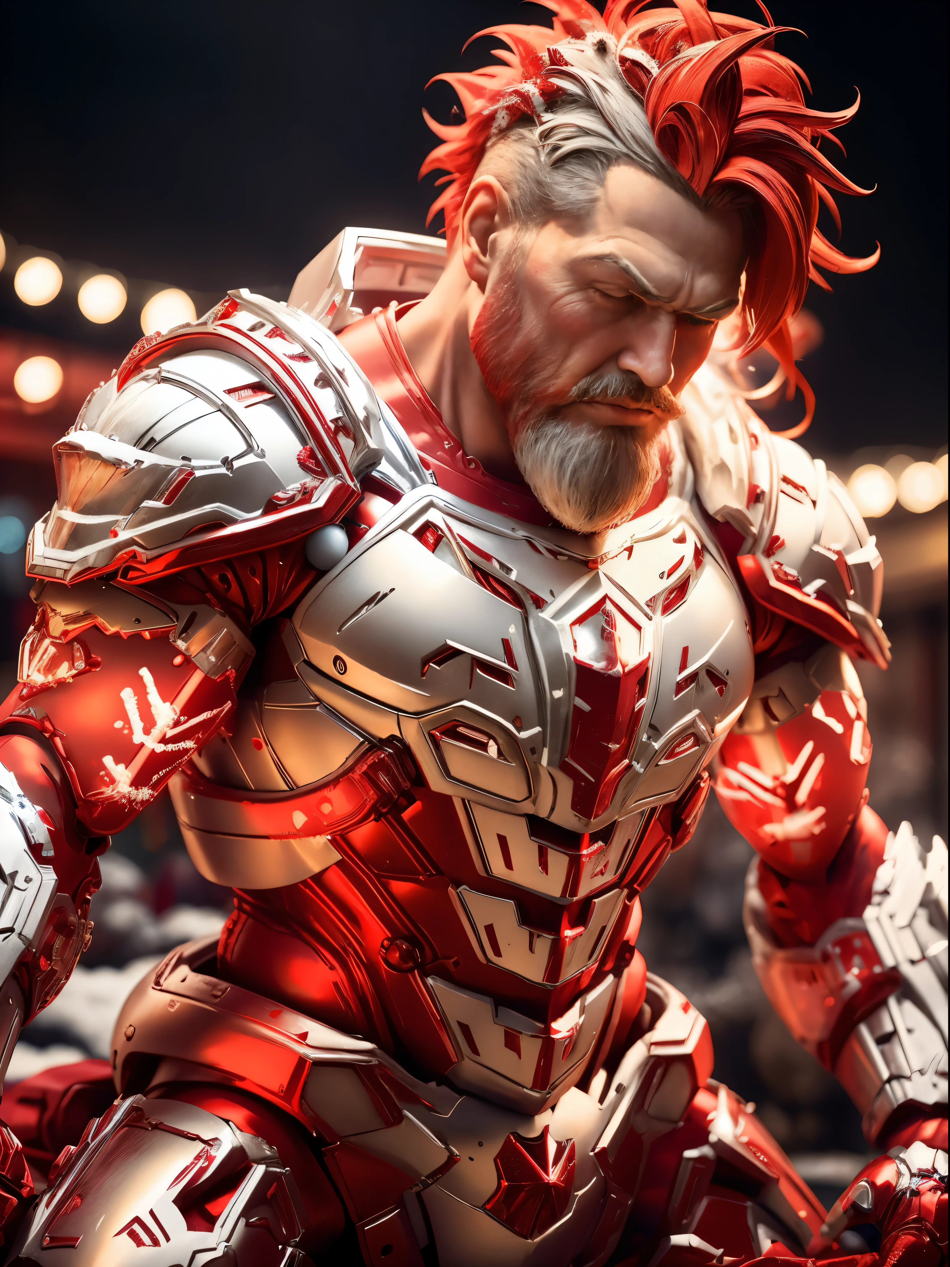 Santa Clause, (red, white:1.5), Santa HEAD, HEAVY CRYSTAL ARMOR, TRANSPARANT, Christmas lights decoration, Santa BODY, , colourful smoke