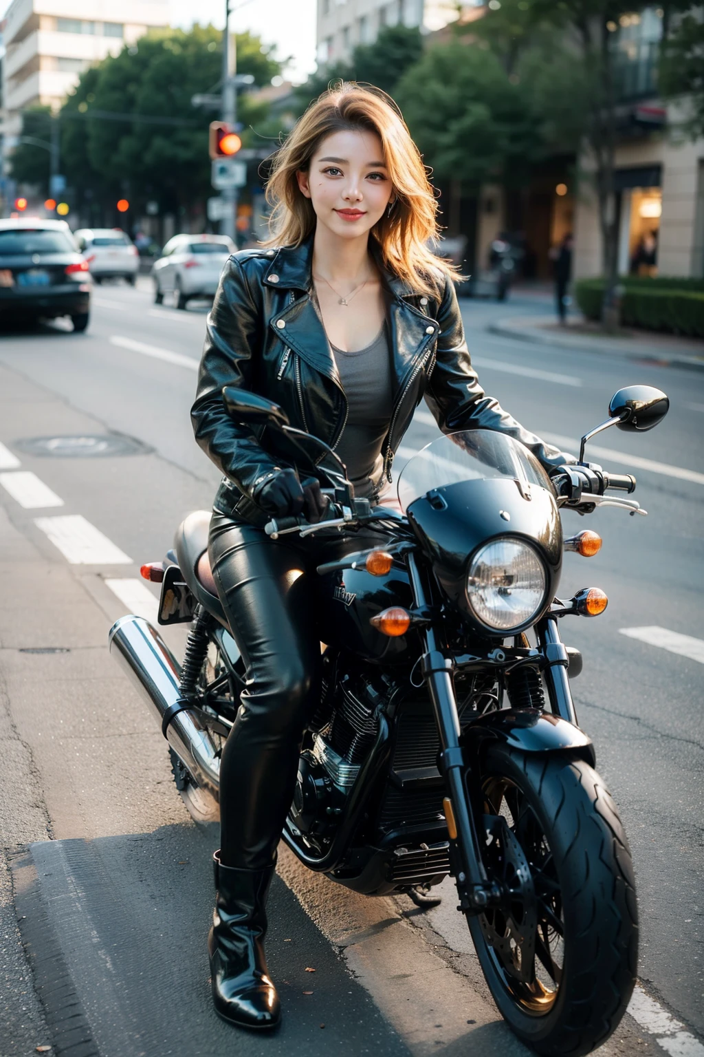 ((Best quality, 8k, Masterpiece :1.3)),
Korean pretty milf with curvy body and some moles,
Ultra-detailed face, Detailed eyes, Double eyelid,
smiling, a coquettish look,
blonde hair, 
wearing a black leather jacket, leather pants gloves and boots,
riding a motorcycle, whole motorcycle,
street, outdoor,