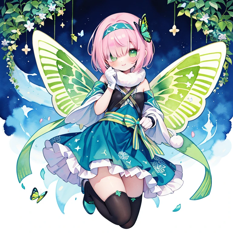 1girl in:1.aster color:1.3)、(Cute illustration:1.3)、(watercolor paiting:1.1)、hologram star ocean background、jumpping、levitation、A smile、Hanging eyes、Aster Harmony Garden Sprite,((A pink-haired、a pixie cut、Dark green eyes、Close one eye and smile))、(Purple Headband:1.9)、(wrap a yellow scarf around your neck:1.9)、(Ultramarine long gloves:1.9)、((Wears oversized green butterfly wings。。。:1.8))、
Playful ruffles and layers create a whimsical touch,
Narrow your waist to create a beautiful silhouette,
Lace-up boots with ribbon ties,
Moist makeup with pastel eyeshadow,
Add glitter and petal accents to the cheeks,
、 ,Thick wool gown:0.6