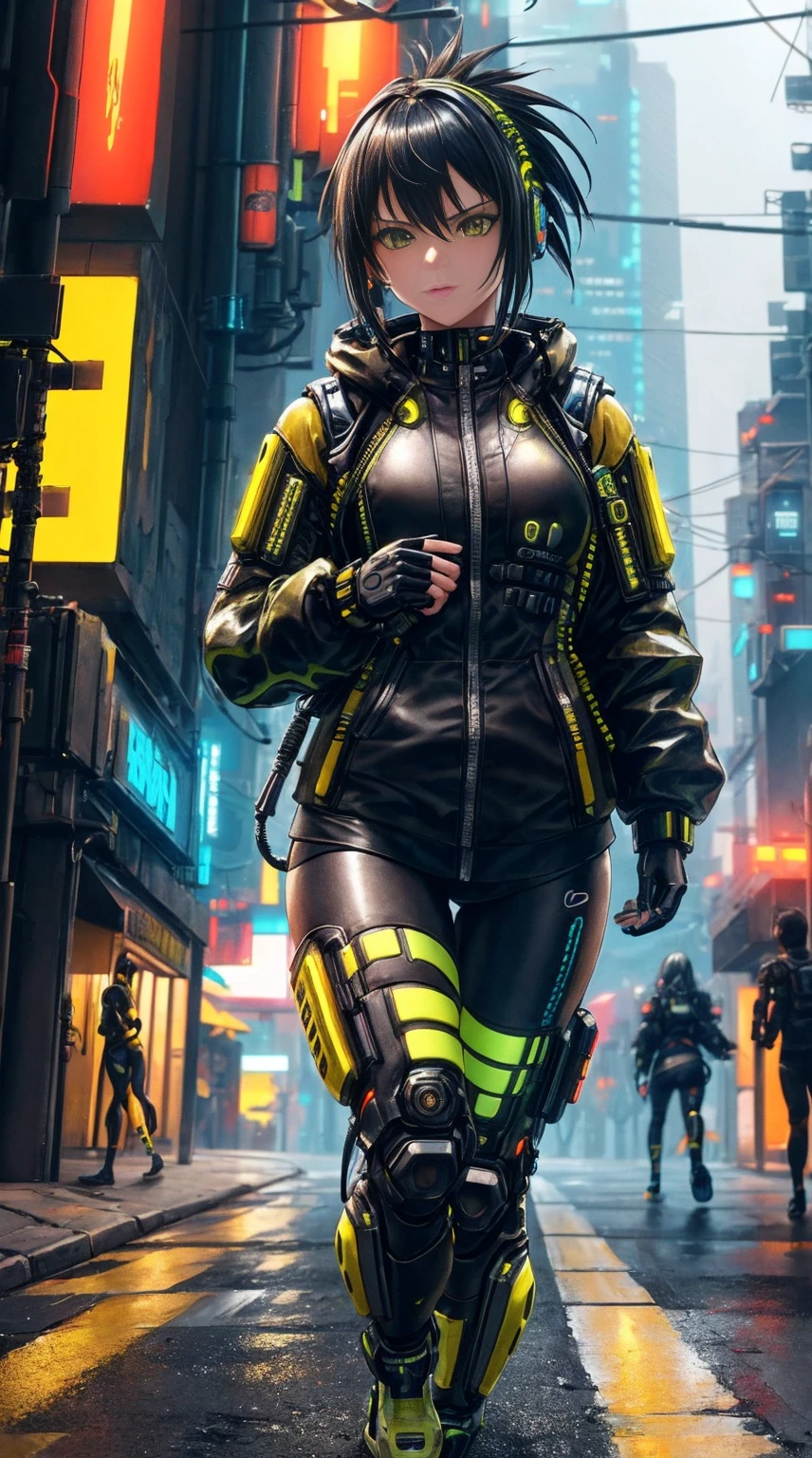 (yellow Cyberpunk speed tactical suit:1) (1womanl) Dark theme :: Focus on close-up of the face, Serious face, Civetik visor, :: Medium black hair, thick thighs :: ultra realistic futuristic speedster scifi Cyberpunk athletic woman, Black eyes, ((Running in the middle of the street with yellow rays, Cyberpunk, Shadowrun, scifi high tech Cyberpunk)) :: cool Cyberpunk yellow speed combat suit :: Natural lighting :: Bokeh :: 8K :: Best Quality :: masutepiece :: Insanely detailed:1.5