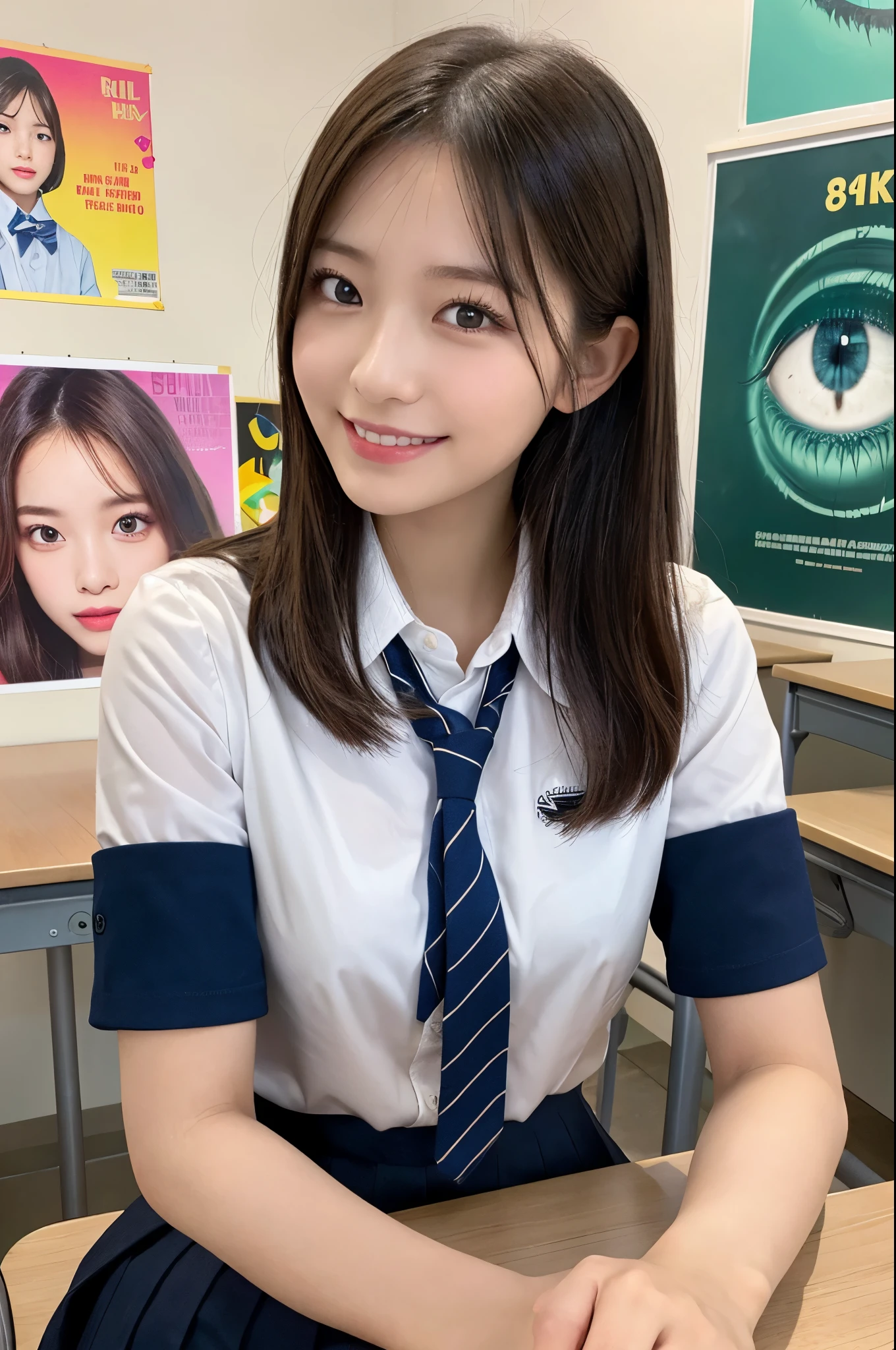 Seed value 4127110832,((1 Young and beautiful girl: 1.4)),(8K, Raw photography, Best Quality, masutepiece: 1.2),Cinematic Light,Brown hair,Beautiful detailed eyes,Huge breasts, Light makeup,(Bright, youthful smile),(wearing trendy school uniform:1.3),(modern classroom background with colorful posters:1.3),(sitting casually on a desk:1.3),(eye-level angle)