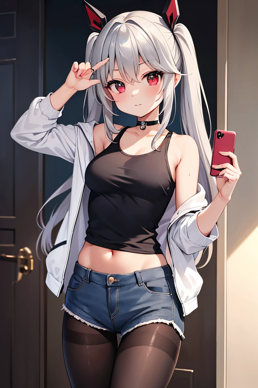 masterpiece, Highest quality, beautiful, high resolution, perfect anatomy, Beautiful gray hair、Beautiful red eyes、Longhaire、Tank tops、shortpants、a choker、 pantyhose, jacket, selfie style、selfee、piece、piece sign、 8K、a beauty girl、 Nice、 Beautiful hair、 Beautiful eyes、 Beautiful skin、Beautiful legs、Beautiful arms、Perfect fingers、 Very cute、 Very kawaii、