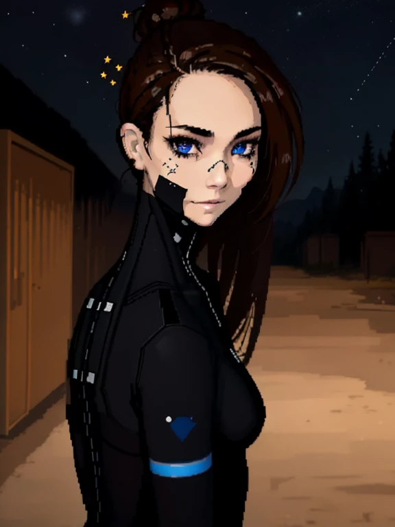 (masterpiece:1.2), high res, extreme detail, 1girl, (Signalis), a girl in a black bodysuit standing in a dark hallway, (cowboy shot:1.3), starry night, dynamic pose, black bodysuit, (face augments, ear augments:1.3), brown hair in bun, detailed robotic blue eyes, (solo:1.ixilated:1.3), anime, legs, voluptuous, from the front, long legs, lovely hips, feminine