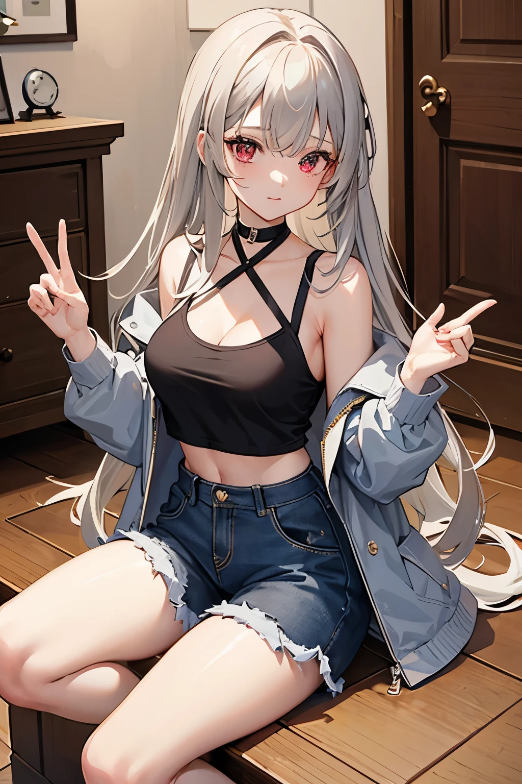 masterpiece, Highest quality, beautiful, high resolution, perfect anatomy, Beautiful gray hair、Beautiful red eyes、Longhaire、Tank tops、shortpants、a choker、 pantyhose, jacket, selfie style、selfee、piece、piece sign、 8K、a beauty girl、 Nice、 Beautiful hair、 Beautiful eyes、 Beautiful skin、Beautiful legs、Beautiful arms、Perfect fingers、 Very cute、 Very kawaii、