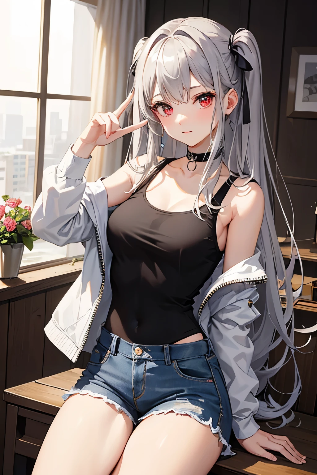 Adult woman, long gray hair, Cat's ears, golden eyes, leather jacket, tshirt, ssmile, Masterpiece, hiquality