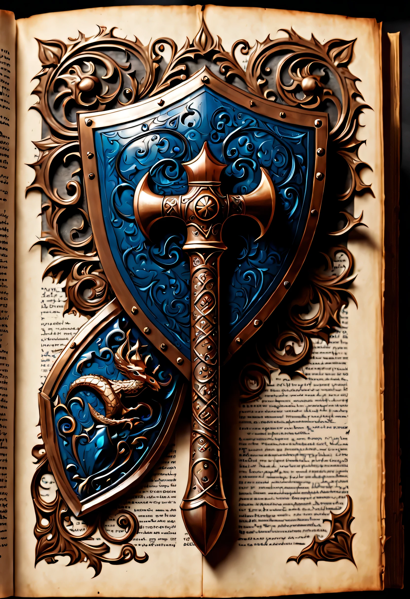 desenho animado bonito, CuteCartoonAF, (estilo bonito dos desenhos animados:1.3), (on the page of an old book with gothic ornaments:1.3). | ((side view of legendary ax and shield lying down)), lago, cercado por uma floresta alta. | A espada tem uma aura divina cativante, brilhando com luz azul suave. | ((The shield has a dragon image)), brilhando com luz vermelha suave. | (Ondas ardentes). | mais_detalhe