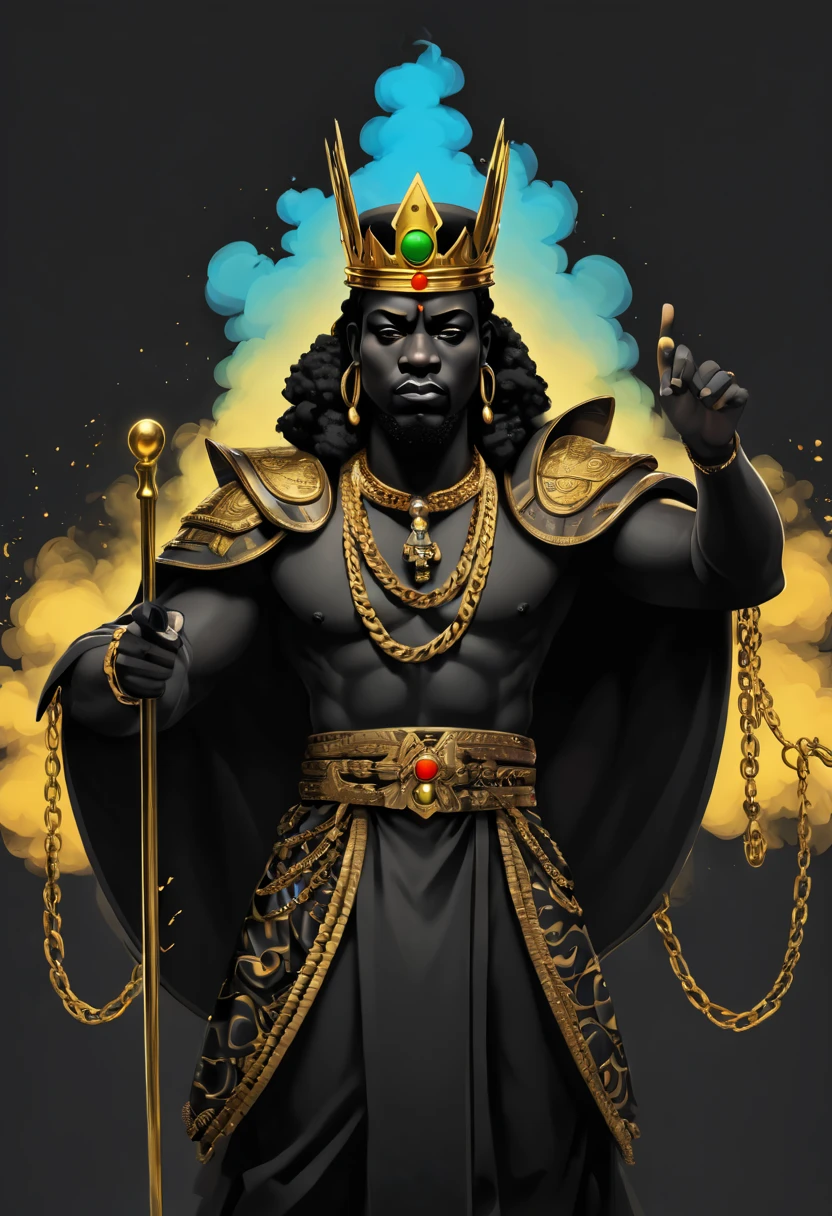 Highly (dynamic:1.2) scene art detailed (rutkowski:1.2), ((pharaoh crown of ramses II)), (laughing), handsome, (dark skin), ((long woven dreadlocks)) ((muscular)), (fantastic amazing decoration:1.2), explosive volumetric, Delightful anatomy, (fantastic god perfect art, 64k ultra hd:1.1), (art by apterus, art by dan mumford:1.2)