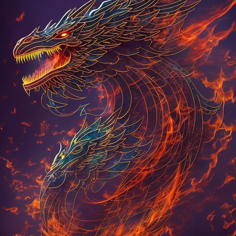 (Fire dragon ), neon red, smoke, fire, flames, dripping, blood, red and blue colors , large fire wings