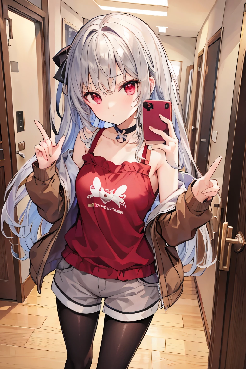 masterpiece, Highest quality, beautiful, high resolution, perfect anatomy, Beautiful gray hair、Beautiful red eyes、Longhaire、Tank tops、denim shortpants、a choker、 black pantyhose, brown jacket, selfie style、selfee、piece、piece sign、 8K、a beauty girl、 Nice、 Beautiful hair、 Beautiful eyes、 Beautiful skin、Beautiful legs、Beautiful arms、Perfect fingers、 Very cute、 Very kawaii、