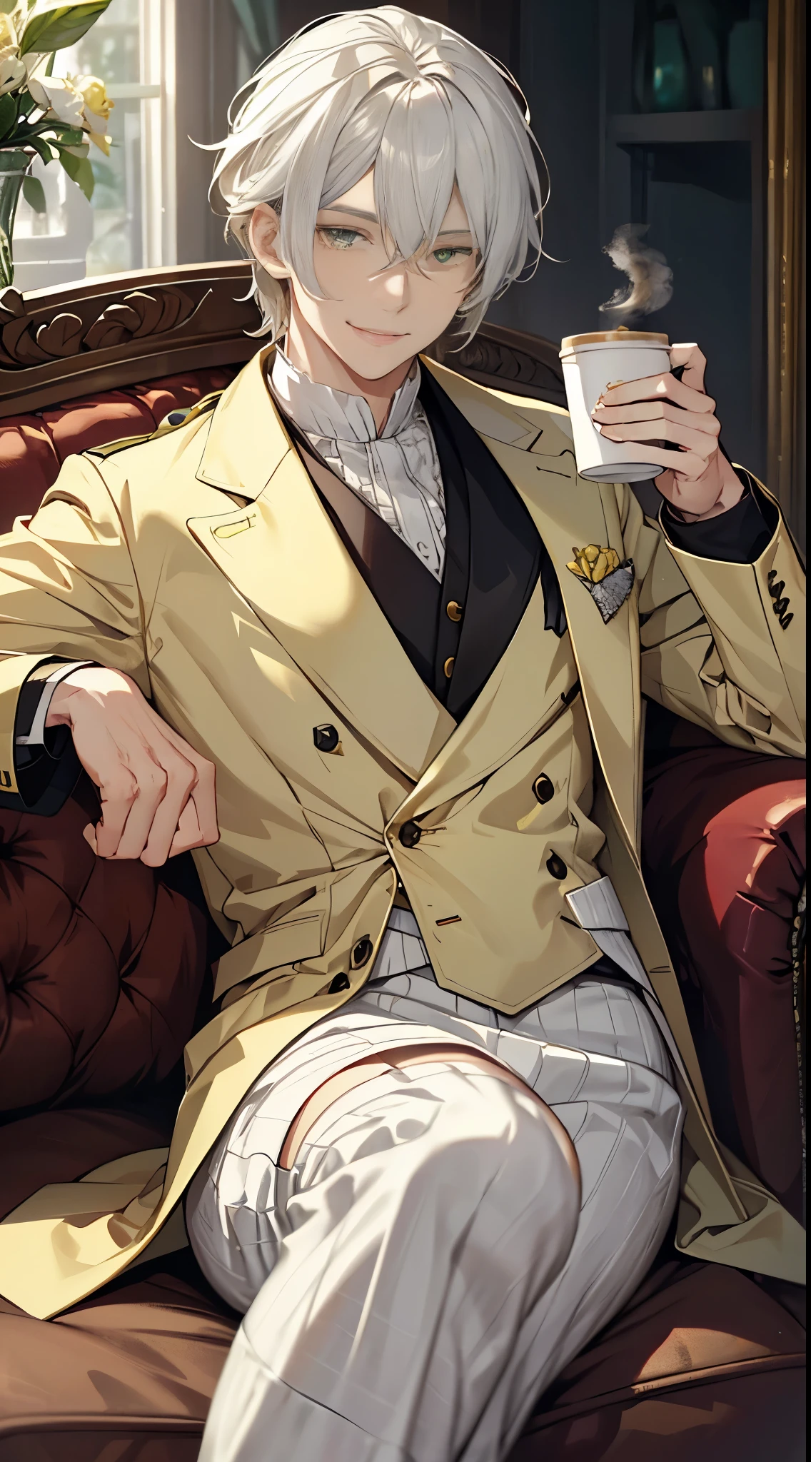 A handsome man, white hair, yellow and green eyes, wearing royal clothes, was smiling sweetly,Holding a coffee cup while sitting on the sofa