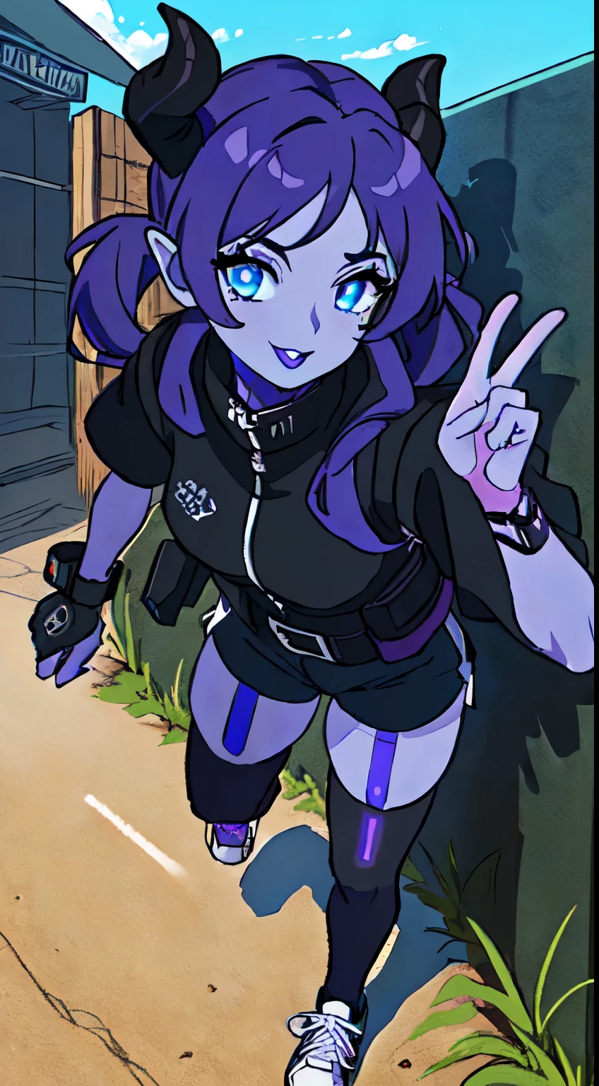 (((purple skin))) ((best quality)), ((masterpiece)), (detailed), perfect face, solo, drawing of a tiefling woman (black horns), black lipstick, ((blue eyes)), black twintails hair), black Tactical short sleeved crop (jacket) (techwear) , shorts and thigh highs, tactical belt, glasses, tattoos, Sneakers, straps. The girl is displayed doing a cool pose. best quality, 8k, anime style. detailed, detailed eyes and face, realistic,