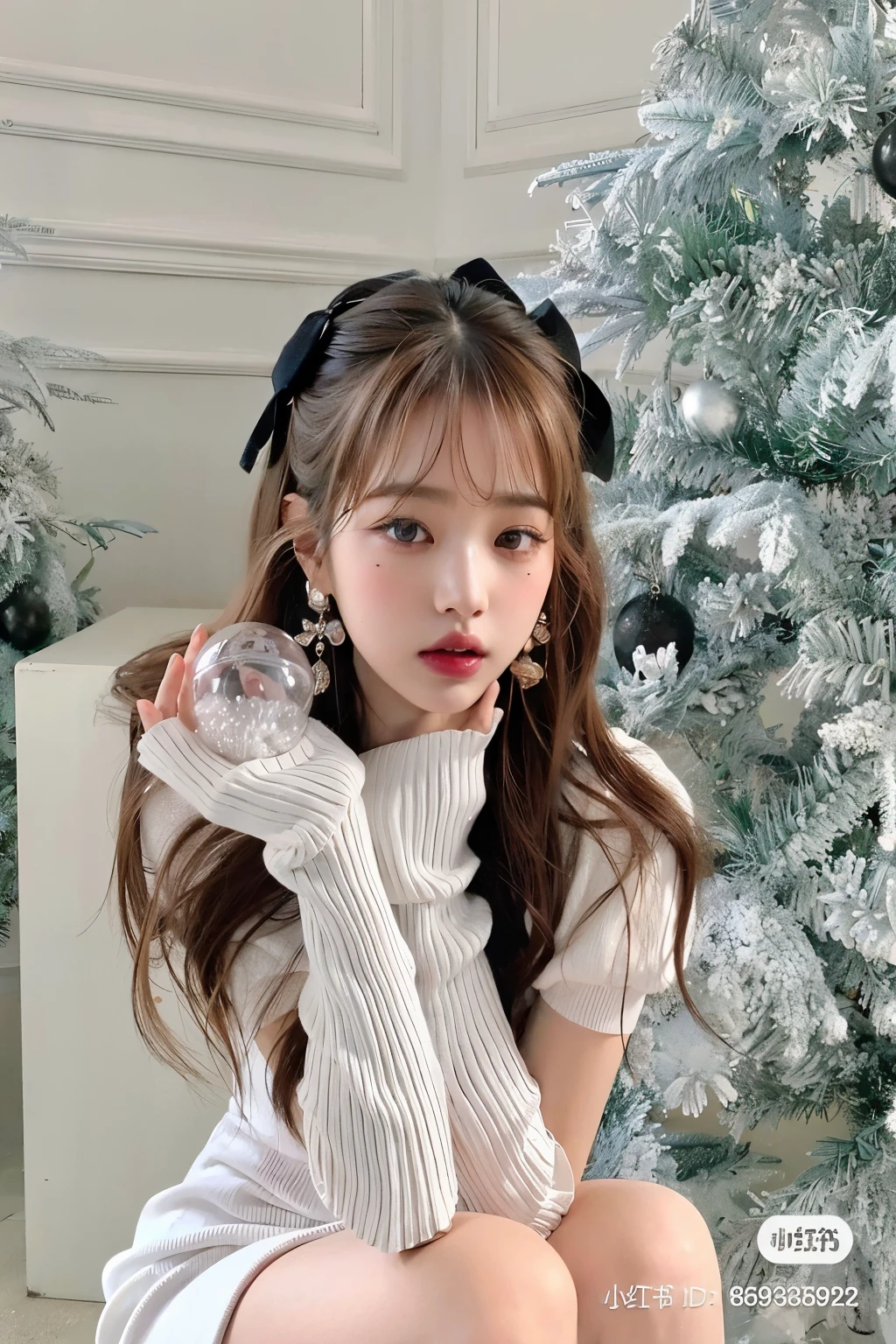 a closeup of a person sitting in front of a christmas tree, Lalisa Manobal, ulzzang, colas gemelas blancas_Guantes, Lalisa Manoban de Blackpink, neat hair con flequillo, long hair con flequillo, con flequillo, long hair con flequillo completo, Peinado blanco de corte hime, con flequillo completo, Sakimichan, Hermosa Delphine