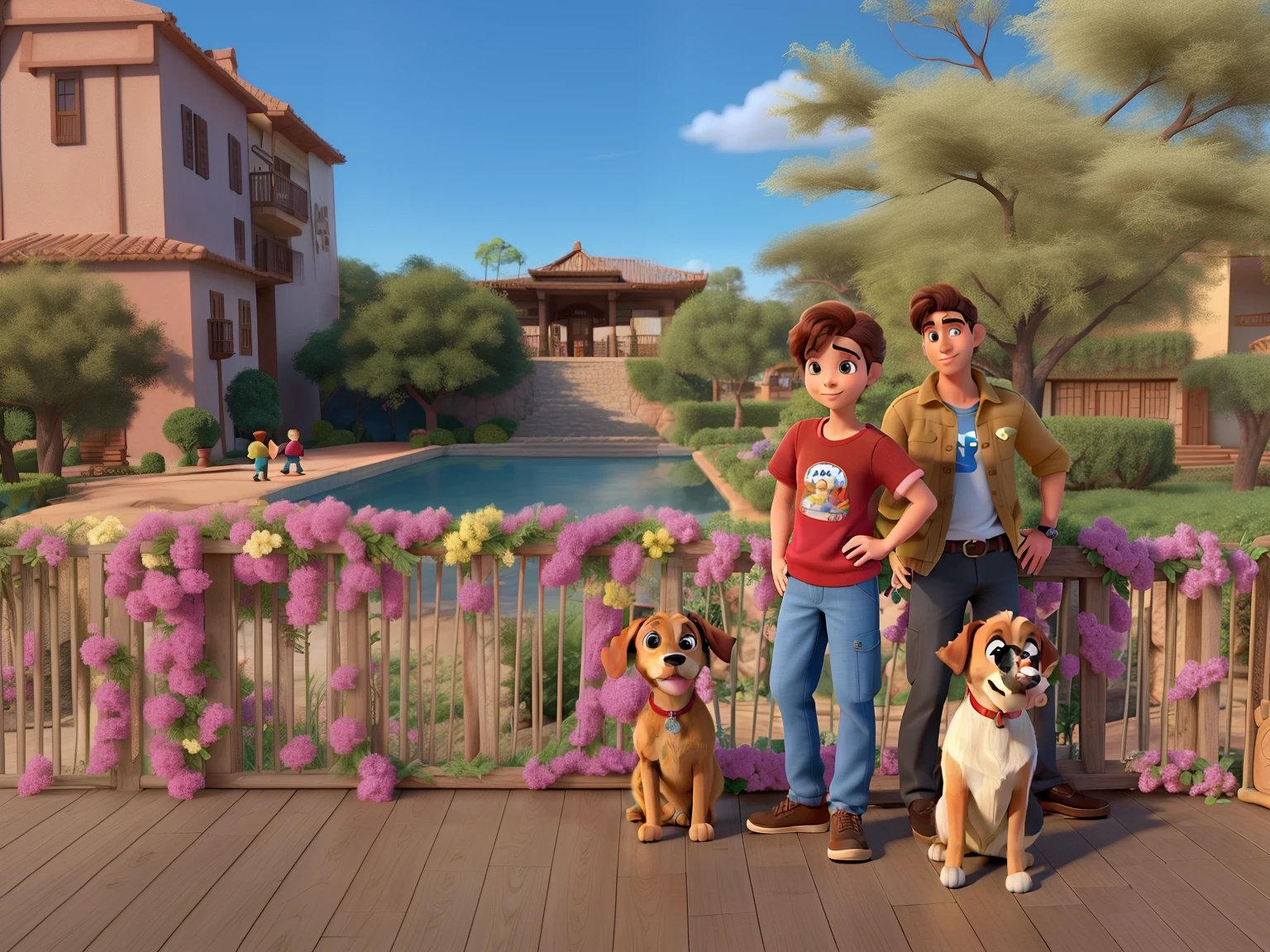 Um homem, um menino, uma mulher e um cachorro no estilo Disney pixar, alta qualidade, melhor qualidade