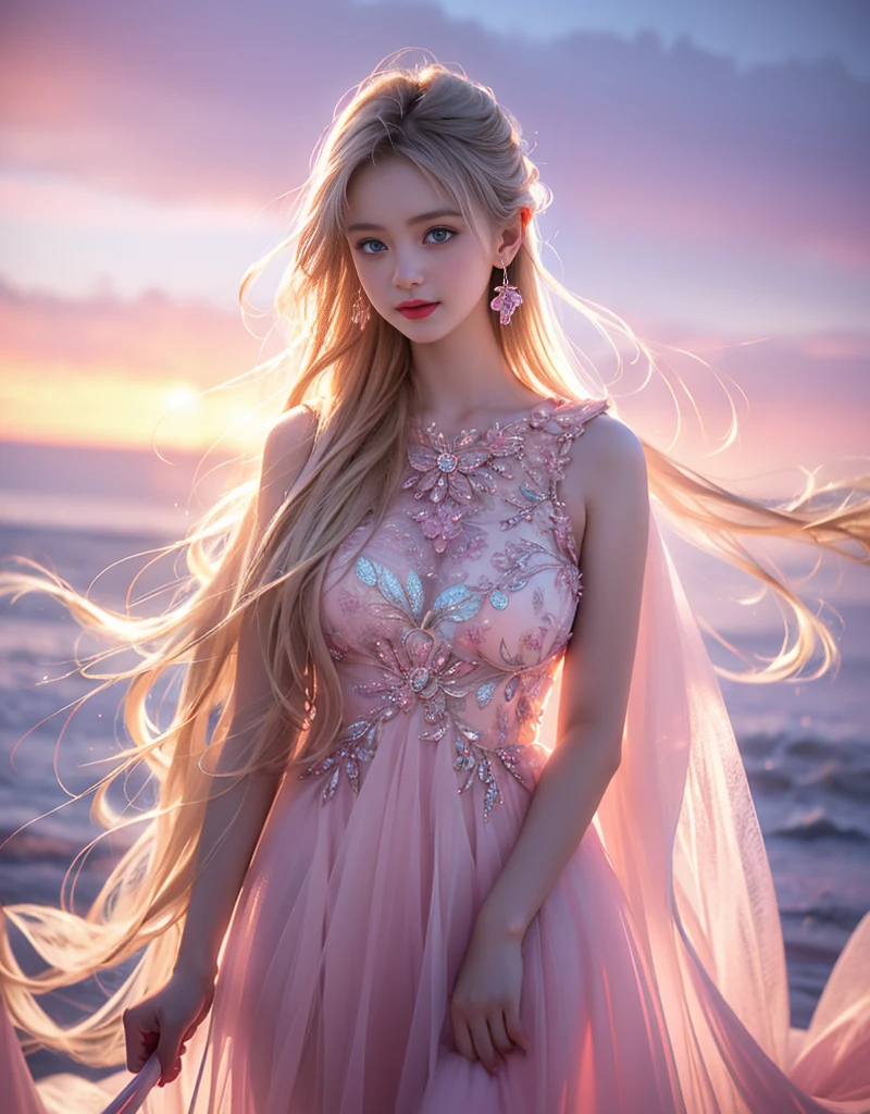 tmasterpiece，Highest image quality，super detailing，Best quality ,Extremely Delicately Beautiful, Very meticulous,Best quality, offcial art, extremely detaild的 CG unified 8k wallpapers, portrait photo of an, The most beautiful look，blond hair blue eyes，Radiant skin and radiant eyes， pretty skin，(Detailed lighting:1.2), (Beautiful and detailed light:1.3), deep understanding, beautiful nude color, iintricate, digitial painting, smooth private parts, Focus sharp, The end of the world, Epic reality, (HighDynamicRange:1.4),(pastel colour:1.4), Beautiful big breasts，The end of the world的, giving up, com cores neutras, natta, Screen space refraction, (Complicated details, ultra - detailed:1.3), art  stations, Cinema lenses, vignet, the complex background, buliding，Enchanted smile，face flushed，the shy，detailed back ground，（Dream catcher earrings in various colorlack in color，white colors，in pink，purpleish color，red colour，blue colors，orange colors，green color，cyan colors，），sexy and sultry，（The kinky is exposed，Camel toes，Combed through the dark and thick hair，），Crystal Pink Diamond Venice Sunset Rose Dress，semi transparent，Ultrathin，Correct bodies，Hollow-out on，Lace，