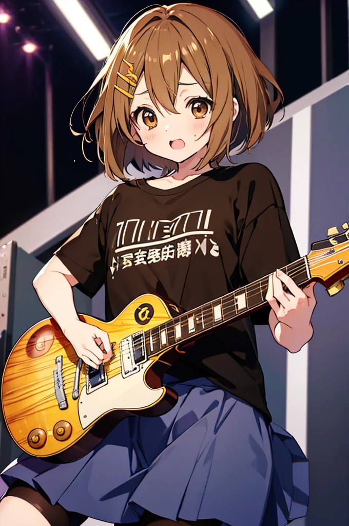 Yuihirasawa, Yui Hirasawa, (Brown eyes:1.5), Brown hair, Hair Ornament, hair clips, Medium Hair, (flat chest:1.2), Black T-shirt,pleatedskirt,Black Pantyhose King,lowfers,エレキguitarを,Gymnasium stage(masutepiece:1.2), Best Quality, High resolution, Unity 8k壁纸, (Illustration:0.8), (Beautiful detailed eyes:1.6), extra detailed face, Perfect Lighting, extremely details CG, (Perfect hands, Perfect Anatomy),Rock Band Concert, Musical instrument performance, Stage Performance, hot air,Happy atmosphere、スタンドマイクの前でguitarをを弾きながら熱唱、guitar(Gibson Les Paul)、Sweat on the forehead、Sweaty black T-shirt、singing with open mouth