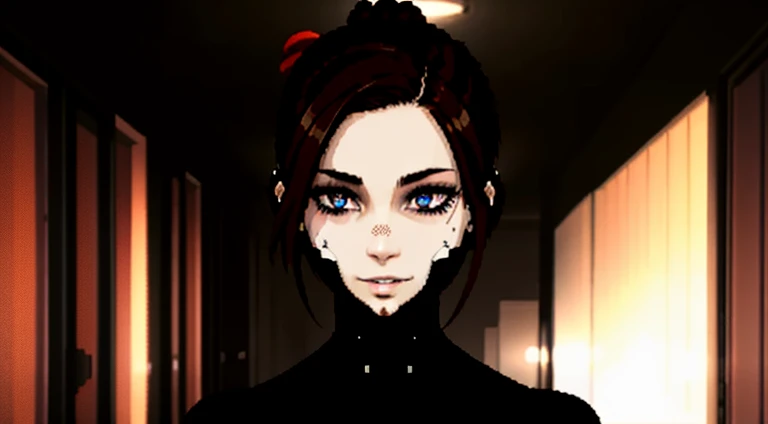 girl in black bodysuit, black bodysuit, detailed robotic blue eyes, anime, huge breasts, wide hips, 1girl, standing in a dark hallway, (face augments, ear augments:1.3), red hair in ponytail