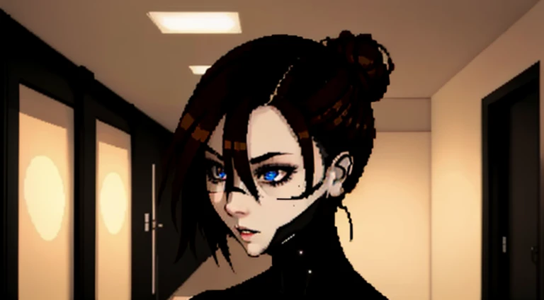 (masterpiece:1.2), high res, extreme detail, (Signalis), girl in black bodysuit, black bodysuit, detailed robotic blue eyes, anime, 1girl, standing in a dark black and red hallway, (face augments, ear augments:1.3), brown hair in bun, legs