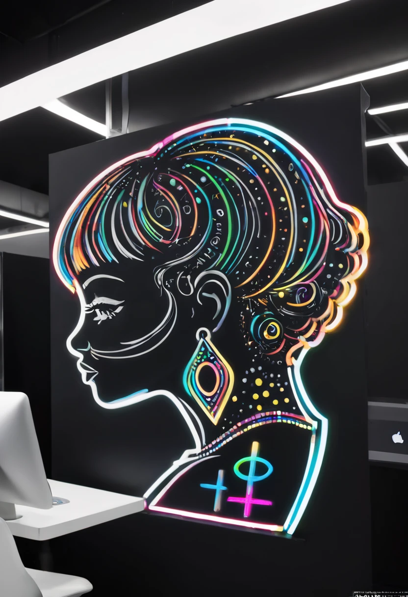 um logotipo com uma pessoa na cadeira de roda. brilho, Preto e branco, fundo branco, linha fina de tinta estilizada, vetor, bright african hair pattern tattoo design, High-quality ultra-wide exposure photography, muito detalhada, neon dots of a beautiful colorful silhouette, bela silhueta, electronic devices, como um PC cinza muito claro em segundo plano, de , muito detalhado,