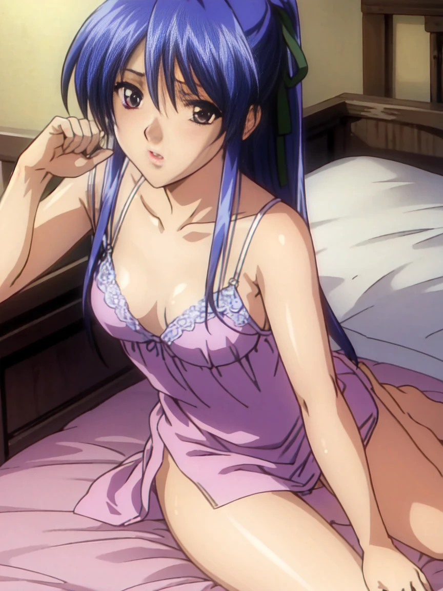(Best Quality,hight resolution,masutepiece:1.2),Ultra-detailed,(Realistic,Photorealsiticです,Photorealsitic:1.37),Game CG,1girl in, 16yo girl, Blue hair, (half up:1.1), (small tits:1.3), (Purple Nightgown、Transparent), Eyes and faces with detailed, I'm blushing, Bewitching look, Soft lighting, Full-body angle, Western-style room、bet、laying on back、Thighs、I'm rubbing my chest