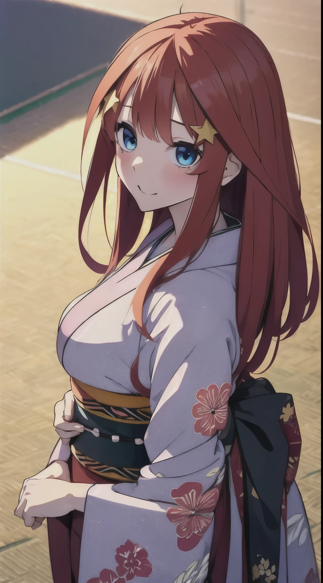 Masterpiece,best quality,1girl,nakano itsuki,gotoubun no hanayome,red hair,blue eye,star clip hair,cute,kimono,summer festival