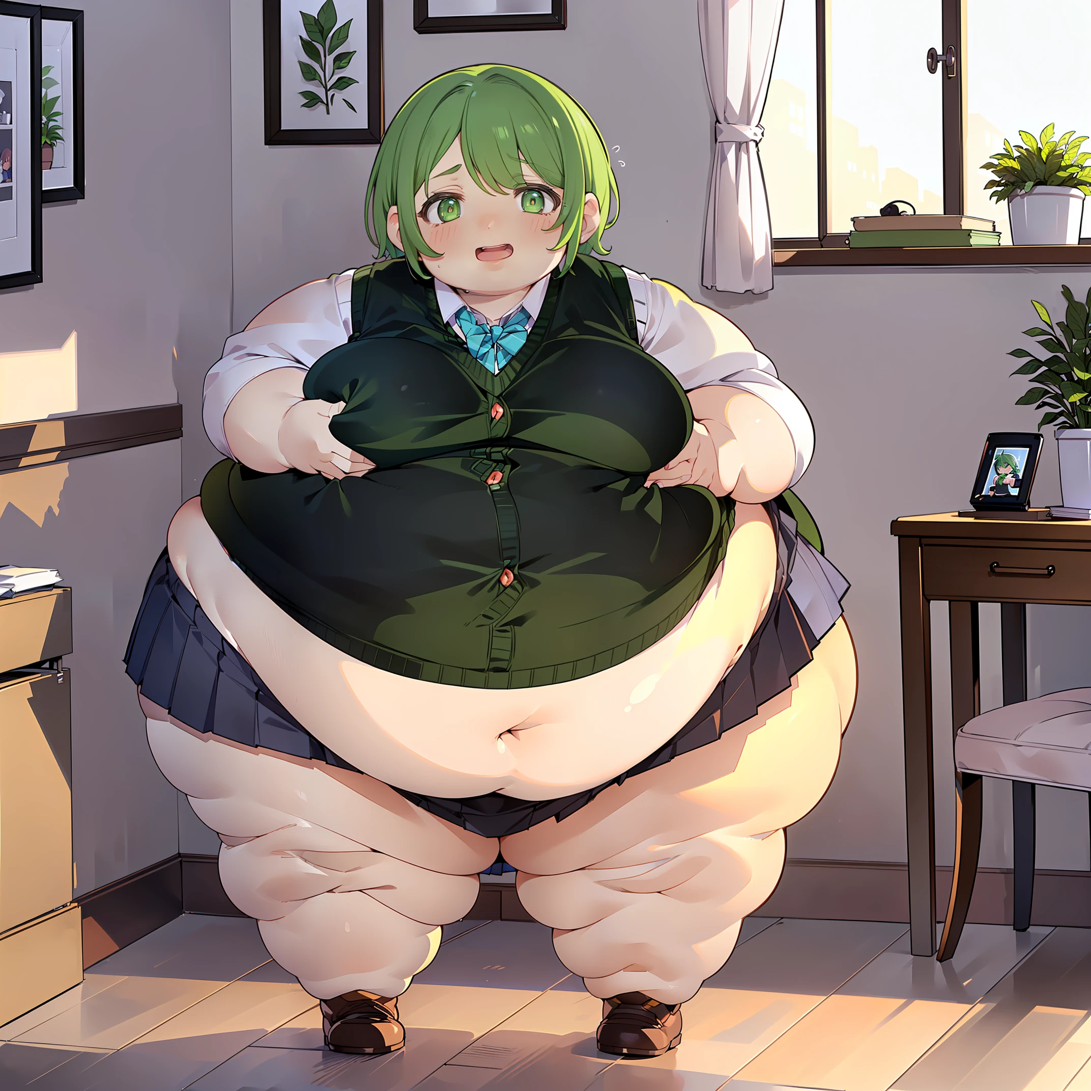((())), (((white shirt, sweater vest, black vest, short skirt))), ((green hair)), (((beautiful green eyes))), ((chubby)), (((obese))), ((fat face)), (((big belly))), (((open mouth))), fat wide thighs, belly, (((tender pose ))), (((in a room))), detailed background, ((full body image)), (((both hands on breasts))),