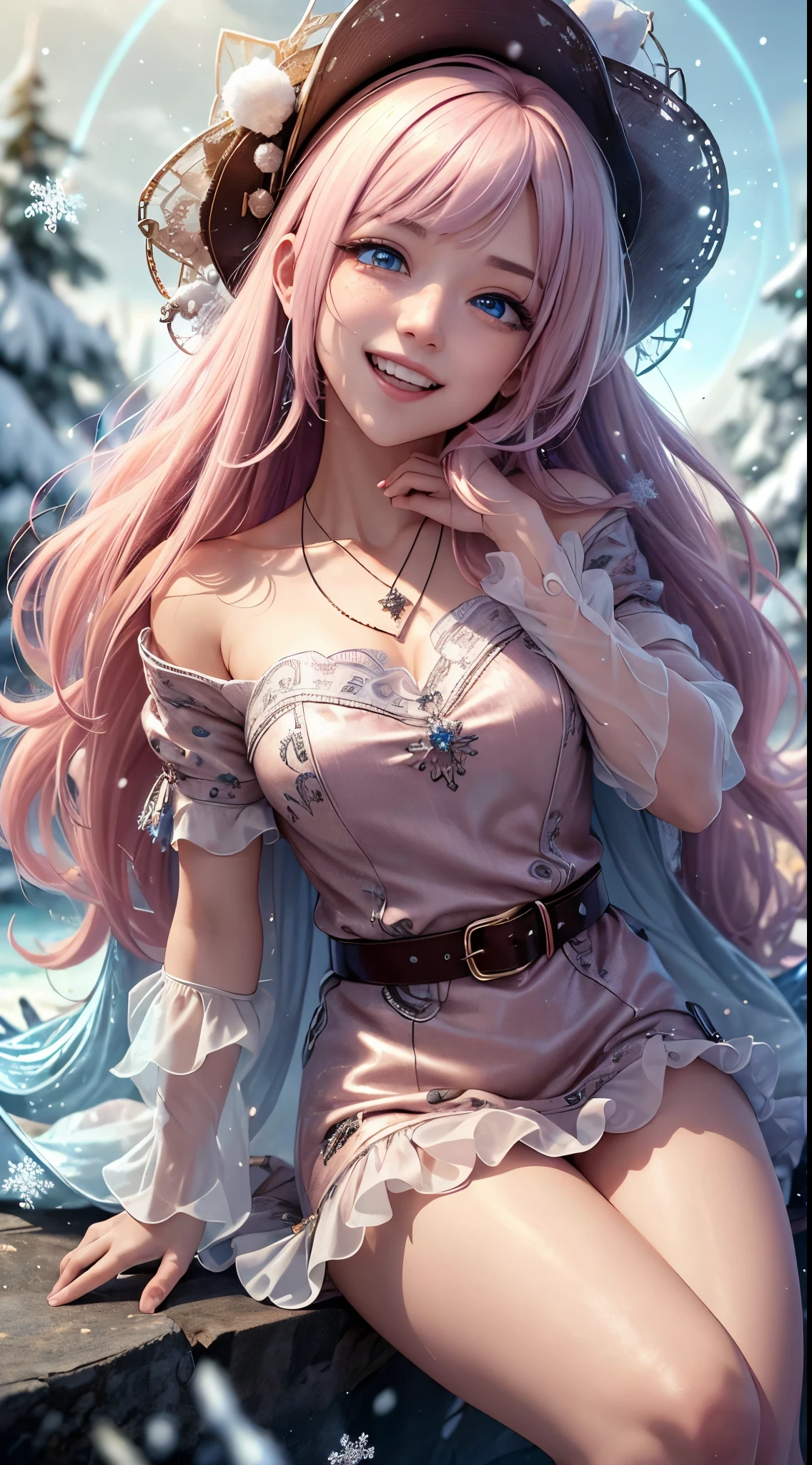 1girl, ichinose honami,laughing happy in it’s Christmas and you’ve decided to spend it outdoors, enjoying nature and the snow. a red dress with a white belt, black boots, white gloves and a Christmas hat. She also wears a necklace with a snowflake-shaped pendant. She looks very pretty and elegant, and has a radiant smile on her face. Her light pink hair that shines under the sunlight. Her bright blue eyes have small eyelashes that give her a sweet and expressive look that reflect the sunlight, shot with Sony Alpha o9 II and Sony FE 200-600mm f/5.6-6.3 G OSS lens, 8k anime Photography, BREAK looking at viewer, (cowboy shot:1.5), BREAK (masterpiece:1.2), best quality, high resolution, unity 8k wallpaper, (illustration:0.8), (beautiful detailed eyes:1.6), extremely detailed face, perfect lighting, extremely detailed CG, (perfect hands, perfect anatomy), natural light, very detailed 16:9 --auto --s2