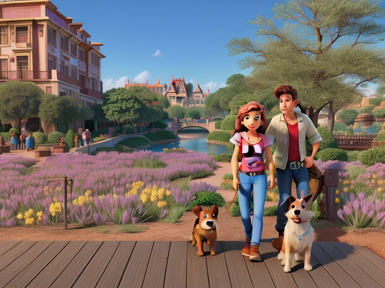 Um homem, a woman and a dog in Disney pixar style, alta qualidade, melhor qualidade