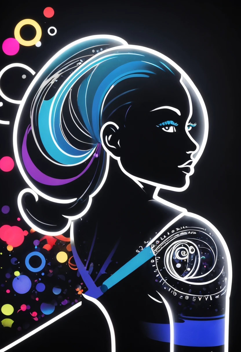 um logotipo com uma pessoa na cadeira de roda. brilho, Preto e branco, fundo branco, linha fina de tinta estilizada, vetor, bright african hair pattern tattoo design, High-quality ultra-wide exposure photography, muito detalhada, neon dots of a beautiful colorful silhouette, bela silhueta, electronic devices, como um PC cinza muito claro em segundo plano, de , muito detalhado,