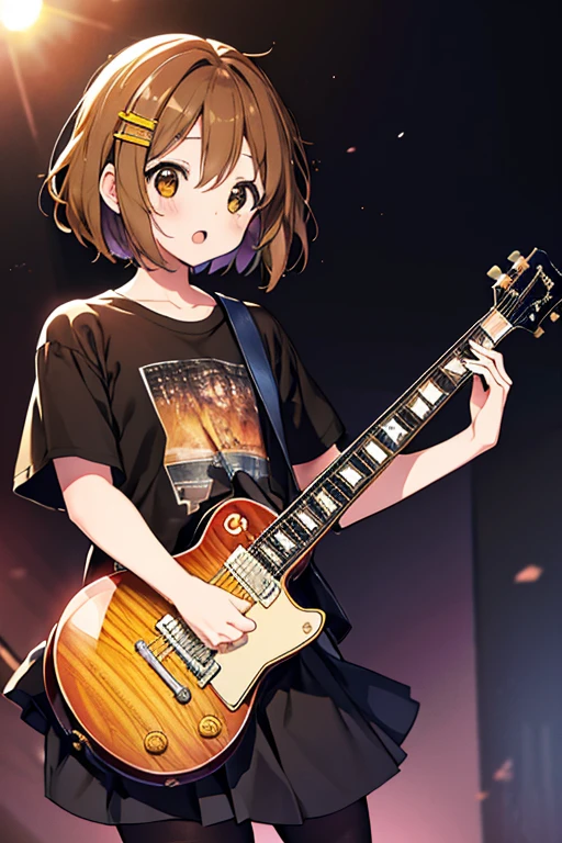 Yuihirasawa, Yui Hirasawa, (Brown eyes:1.5), Brown hair, Hair Ornament, hair clips, Medium Hair, (flat chest:1.2), Black T-shirt,pleatedskirt,Black Pantyhose King,lowfers,エレキguitarを,Gymnasium stage(masutepiece:1.2), Best Quality, High resolution, Unity 8k壁纸, (Illustration:0.8), (Beautiful detailed eyes:1.6), extra detailed face, Perfect Lighting, extremely details CG, (Perfect hands, Perfect Anatomy),Rock Band Concert, Musical instrument performance, Stage Performance, hot air,Happy atmosphere、スタンドマイクの前でguitarをを弾きながら熱唱、guitar(Gibson Les Paul)、Sweat on the forehead、Sweaty black T-shirt、singing with open mouth