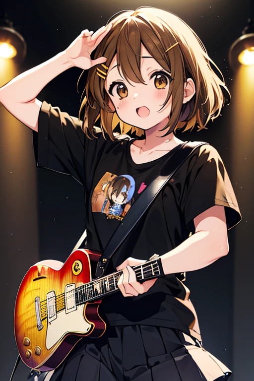 Yuihirasawa, Yui Hirasawa, (Brown eyes:1.5), Brown hair, Hair Ornament, hair clips, Medium Hair, (flat chest:1.2), Black T-shirt,pleatedskirt,Black Pantyhose King,lowfers,エレキguitarを,Gymnasium stage(masutepiece:1.2), Best Quality, High resolution, Unity 8k壁纸, (Illustration:0.8), (Beautiful detailed eyes:1.6), extra detailed face, Perfect Lighting, extremely details CG, (Perfect hands, Perfect Anatomy),Rock Band Concert, Musical instrument performance, Stage Performance, hot air,Happy atmosphere、スタンドマイクの前でguitarをを弾きながら熱唱、guitar(Gibson Les Paul)、Sweat on the forehead、Sweaty black T-shirt、singing with open mouth