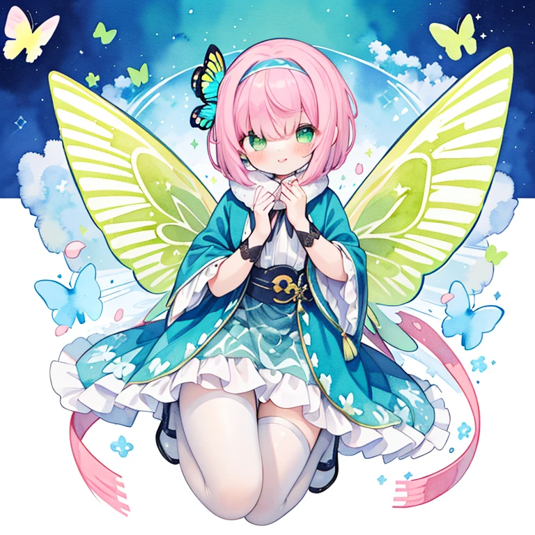 1girl in：1.aster color:1.3)、(Cute illustration:1.3)、(watercolor paiting:1.1)、hologram star ocean background、jumpping、levitation、A smile、Aster Harmony Garden Sprite,（(A pink-haired、a pixie cut、Green eyes、Close one eye and smile))、（Purple Headband：1.5）、（wrap a yellow scarf around your neck：1.8）、（Ultramarine long gloves：1.5）、((Wears oversized green butterfly wings。。：1.8）)、
Playful ruffles and layers create a whimsical touch,
Narrow your waist to create a beautiful silhouette,
（Lace-up white boots with ribbon ties、White tights：1.8）,
Moist makeup with pastel eyeshadow,
Add glitter and petal accents to the cheeks,
、 ,Thick wool gown:0.6