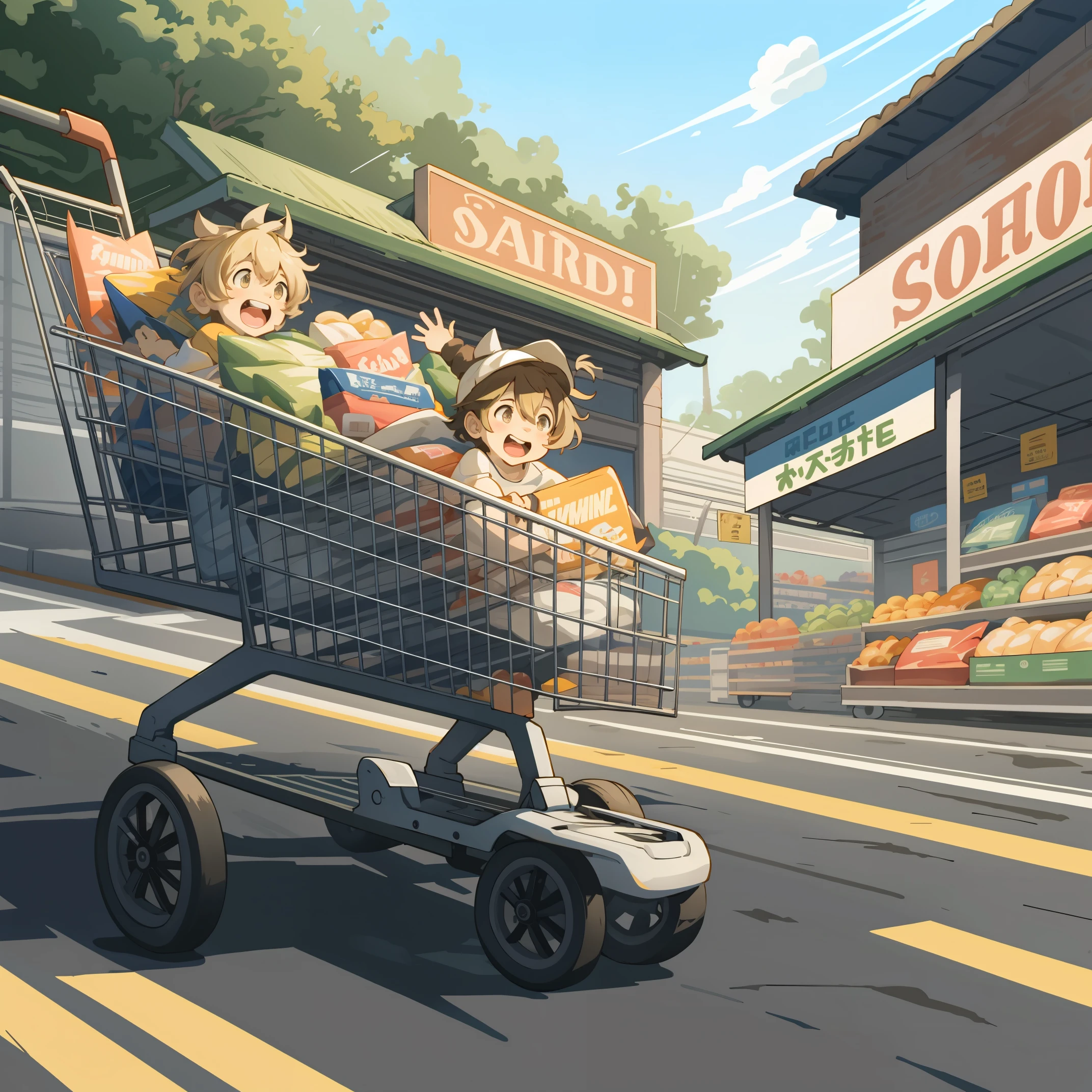 cover page, highres, top quality, best quality, paid reward available, unparalleled masterpiece, perfect artwork, absurdres, High-quality illustrations, laughing children, supermarket, shopping carts racing, lower eye level, motion blur, dynamic angle,