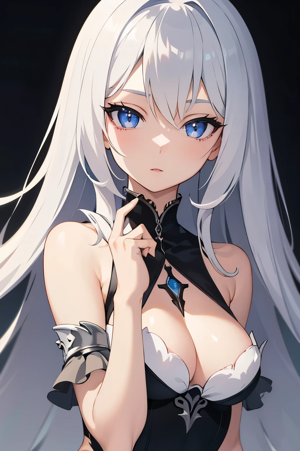 1girl, anime, cute girl, blank background, white background, fantasy, detailed dark fantasy dress with highlights, beautiful face, beautiful eyes, dark colors, silver hair, slightly small breasts, slight cleavage, beautiful skin, cute, breast curtains, extremely delicate and beautiful, (beautiful detailed face:1.0), (detailed deep eyes), symmetrical breasts, deep eyes, shiny skin, portrait, slender waist, hips wider than shoulders, thighs, young girl, expressionless