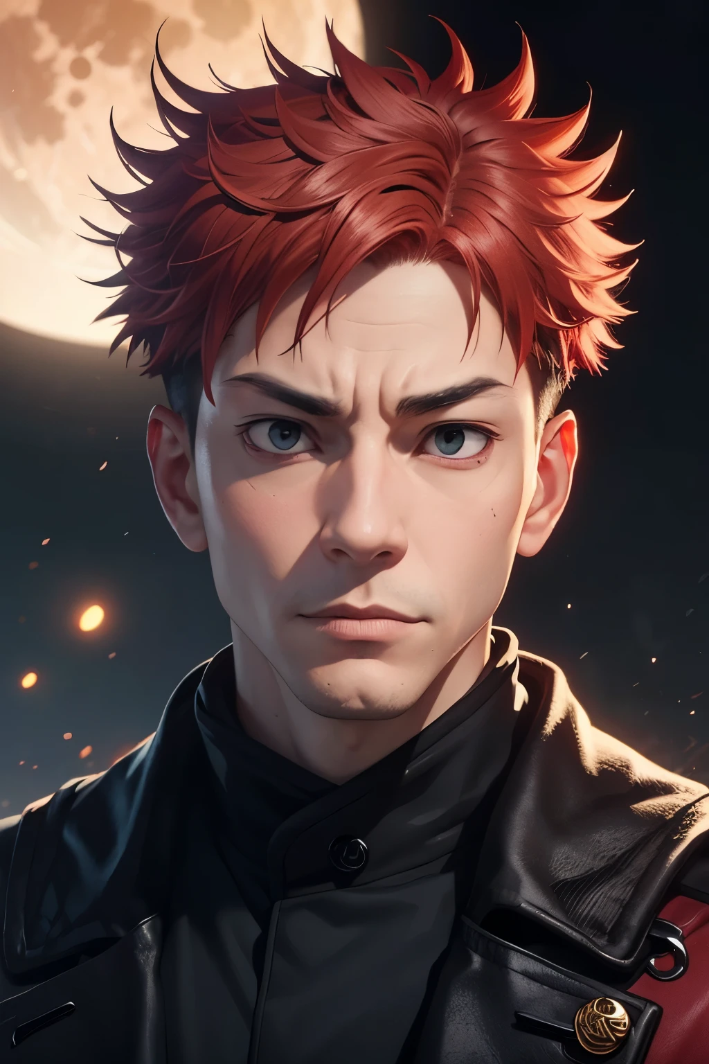 portrait of sukuna with red hairs, jujutsu kaisen, full red moon, uhd, ultra realistic, unreal engine 5 ,red neon light , demon look, high resolution